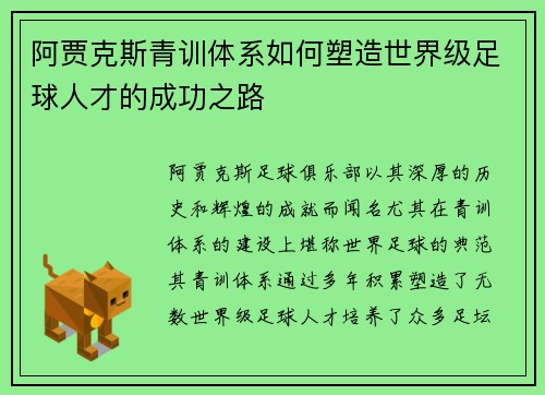 阿贾克斯青训体系如何塑造世界级足球人才的成功之路