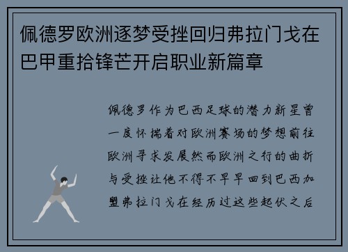 佩德罗欧洲逐梦受挫回归弗拉门戈在巴甲重拾锋芒开启职业新篇章