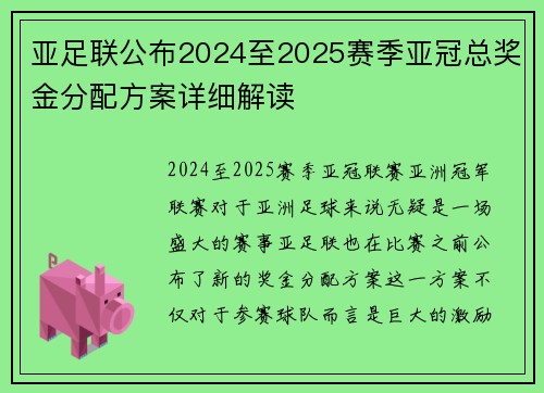 亚足联公布2024至2025赛季亚冠总奖金分配方案详细解读