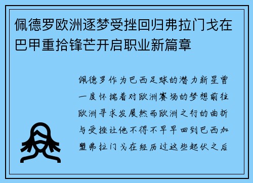佩德罗欧洲逐梦受挫回归弗拉门戈在巴甲重拾锋芒开启职业新篇章